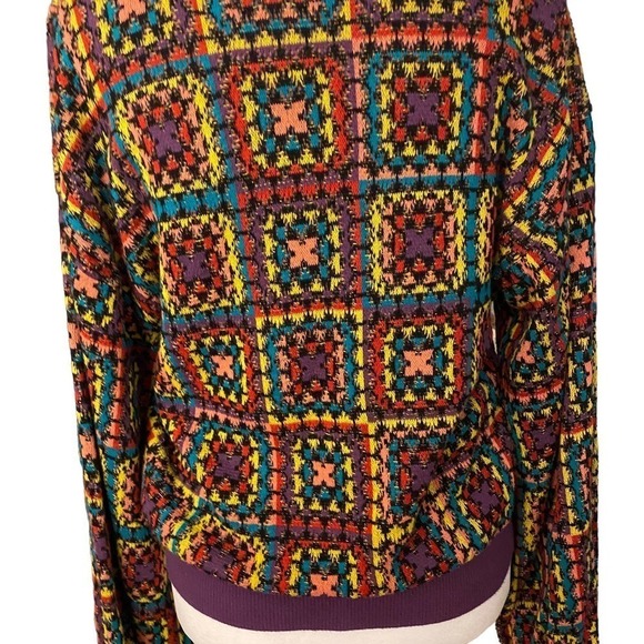 Farm Rio Granny Square Multicolor Boat Neck Geometric Knitted Crochet Sweater S - Picture 7 of 14